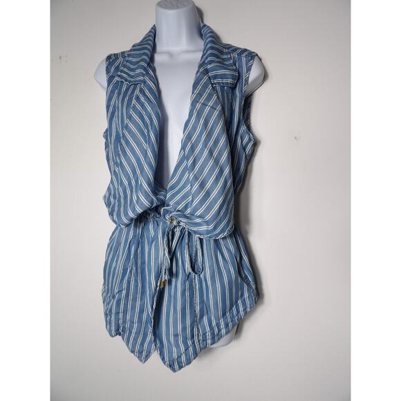 Altar'd State Medium Top Vest Blue White Vertical Stripe Tie Cinch Old Money - Picture 3 of 16
